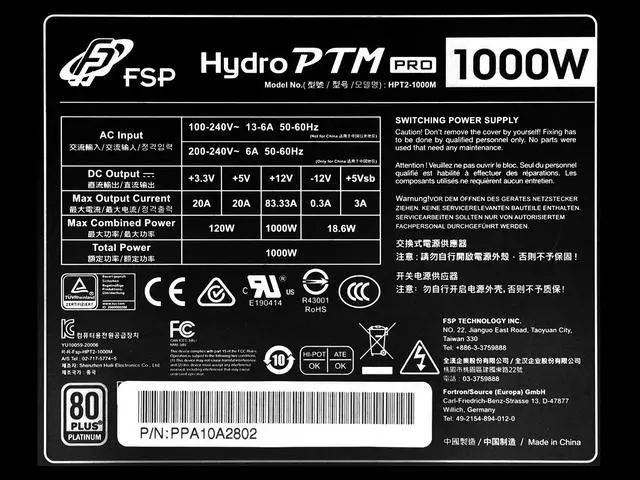 Alt view image 5 of 7 - FSP Hydro PTM Pro 1000W 80 Plus Platinum Full Modular ATX 12V Power Supply (HPT2-1000M)