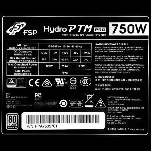 Alt view image 5 of 14 - FSP Hydro PTM Pro 750W 80 Plus Platinum Full Modular ATX 12V Power Supply (HPT2-750M)