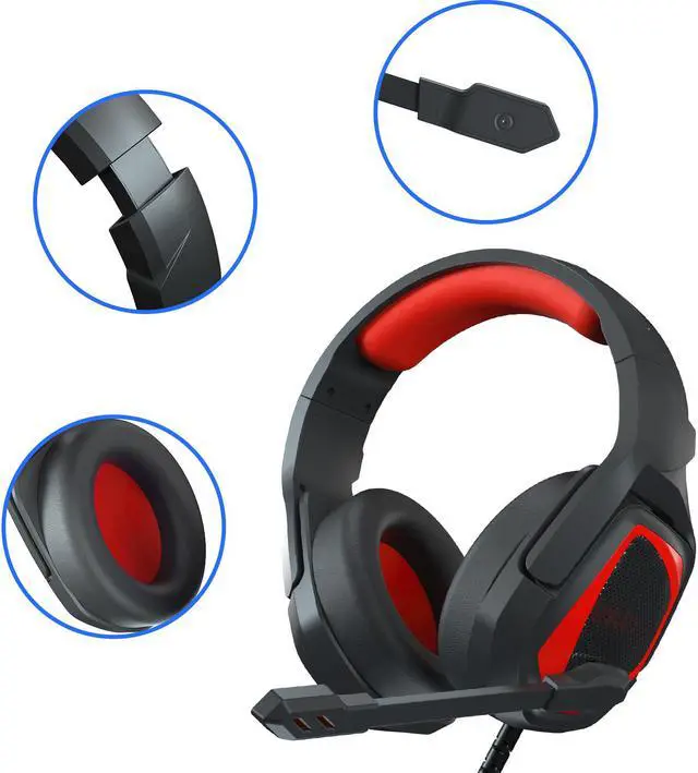 Alt view image 10 of 11 - Gaming Headset, Noise Cancelling Stereo Headphone Memory Earmuffs & Volume Control Headphones Wired Compatible with PC, PS4, Xbox One, Laptop, Nintendo NES, PC Game Headset with Microphone MH602 Red