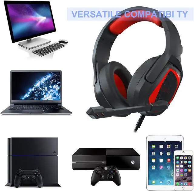 Alt view image 8 of 11 - Gaming Headset, Noise Cancelling Stereo Headphone Memory Earmuffs & Volume Control Headphones Wired Compatible with PC, PS4, Xbox One, Laptop, Nintendo NES, PC Game Headset with Microphone MH602 Red