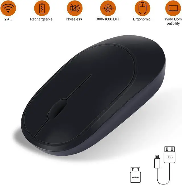 Main image of Wireless Mouse with USB Receiver, 2.4G Rechargeable Portable Ultra-Thin Noiseless Mouse for Notebook, PC, Laptop, Computer, MacBook  Black
