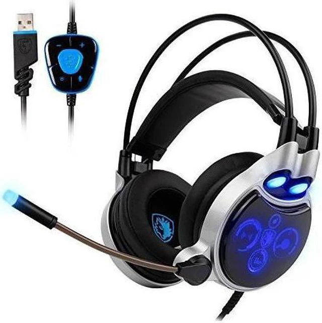 Alt view image 6 of 6 - Gaming Headset USB Headphone Virtual 7.1 Channel Surround Sound USB PC Stereo Headphones with High Sensitivity Microphone LED Light(R8 Blue)