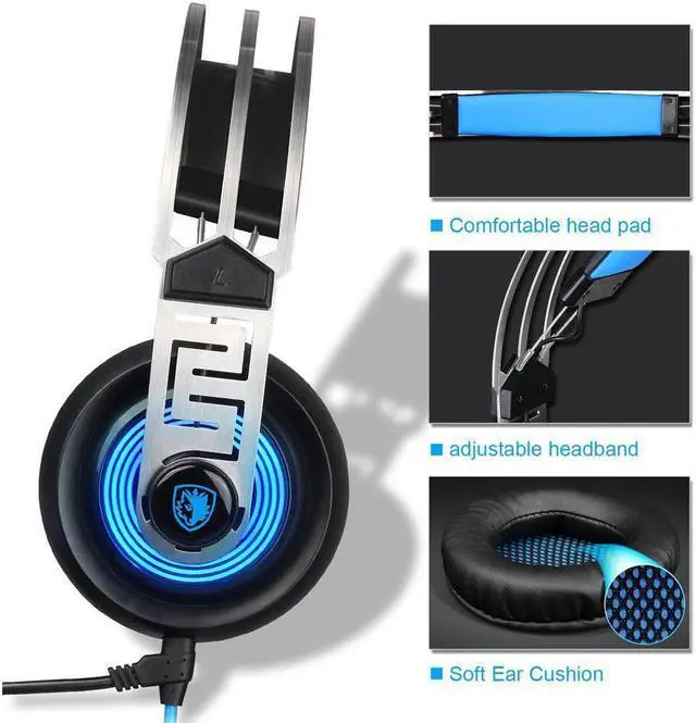 Alt view image 4 of 6 - 7.1 Virtual Surround Sound USB Gaming Headset with Microphone Intelligent Noise Cancelling Gaming Headphones LED Light for Laptop PC Mac (Black&Blue)