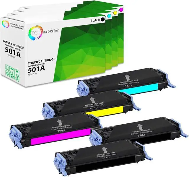 Main image of True Color Toner 501A 502A Toner Cartridge 5 Pack - Premium Compatible Replacement for HP 501A 502A Q6470A Q6471A Q6472A Q6473A Works With HP Color LaserJet 3600 3600N 3600DN