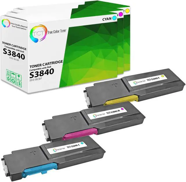 Main image of True Color Toner S3840 Color Toner Cartridge 3 Pack - Premium Compatible Replacement for Dell 593-BCBF 593-BCBE 593-BCBD Works With Dell S3840cdn S3845cdn