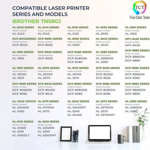 Alt view image 2 of 6 - True Color Toner TN580 Toner Cartridge 2 Pack - Premium Compatible Replacement for Brother TN550 TN580 Jumbo Black Works With Brother HL 5240 5250DN 5250DNT DCP 8060 8065DN MFC 8460N