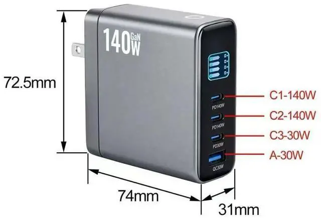 Alt view image 6 of 6 - 140W USB C Charger, 4-Port Multi-Device Fast Charging Laptop Charger with Smart Display & Touch Control, GaN Power Adapter for MacBook Pro, iPhone 17/16, Pixel, Steam Deck (BLACK)