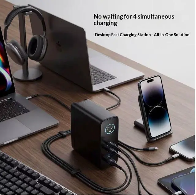 Alt view image 3 of 6 - 140W USB C Charger, 4-Port Multi-Device Fast Charging Laptop Charger with Smart Display & Touch Control, GaN Power Adapter for MacBook Pro, iPhone 17/16, Pixel, Steam Deck (BLACK)