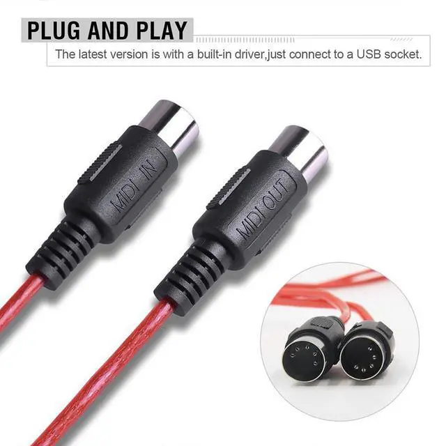 Alt view image 3 of 7 - Red 2 Meters USB to 2 MIDI Interface Cable Adapter Converter 2MIDI IN-OUT For PC Music Keyboard Electric Piano Drum Synth Adapter