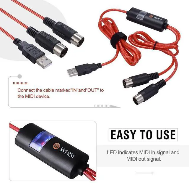 Alt view image 5 of 7 - Red 2 Meters USB to 2 MIDI Interface Cable Adapter Converter 2MIDI IN-OUT For PC Music Keyboard Electric Piano Drum Synth Adapter