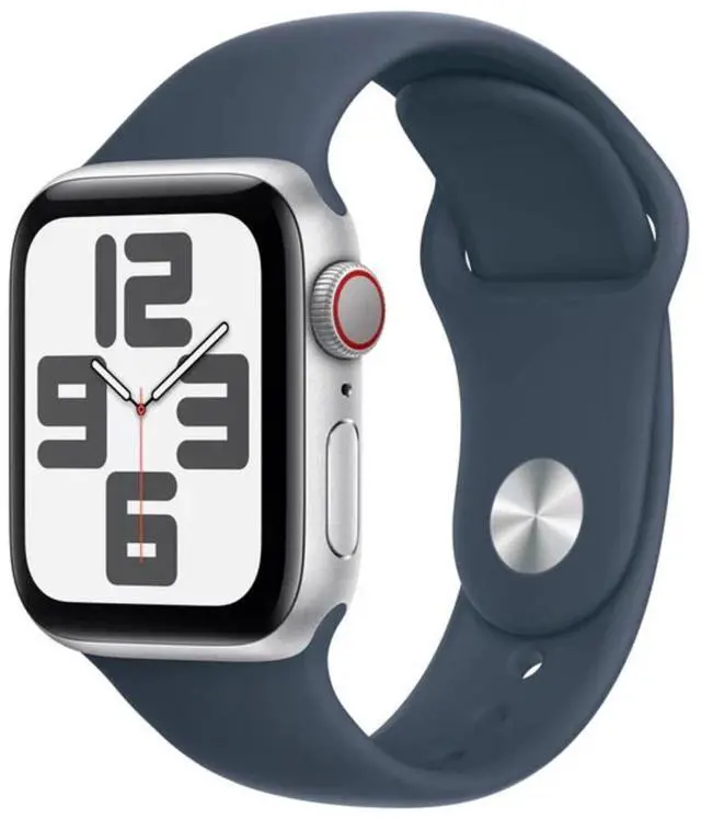 Main image of Apple Watch SE 2nd Gen 44mm GPS + Cellular Silver Aluminum Case with Storm Blue Sport Band - M/L