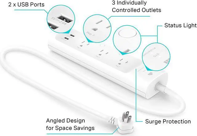 Alt view image 12 of 20 - Kasa Smart Plug Power Strip KP303, Surge Protector with 3 Individually Controlled Smart Outlets and 2 USB Ports, Works with Alexa & Google Home, No Hub Required , White