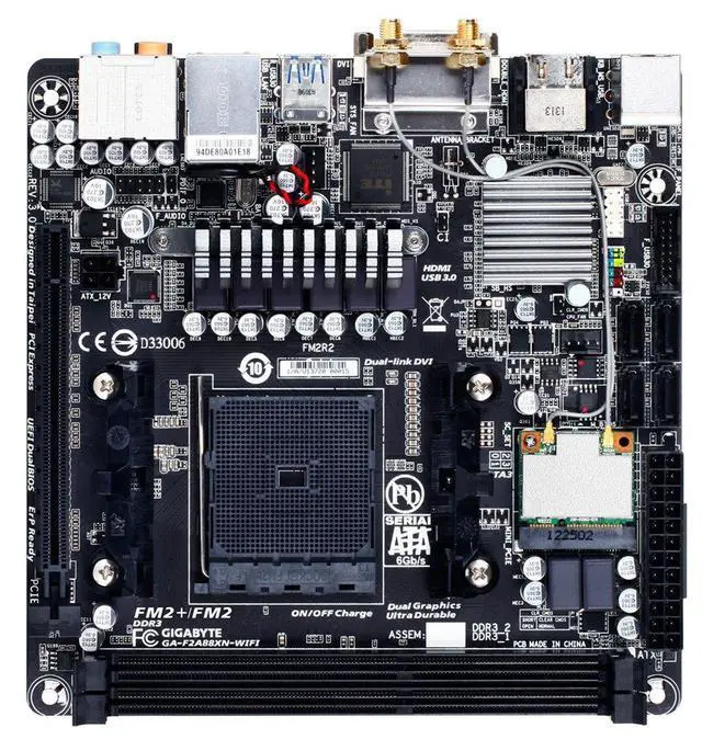 Alt view image 3 of 7 - GIGABYTE GA-F2A88XN-WIFI FM2+ / FM2 AMD A88X (Bolton D4) SATA 6Gb/s USB 3.0 HDMI Mini ITX AMD Motherboard