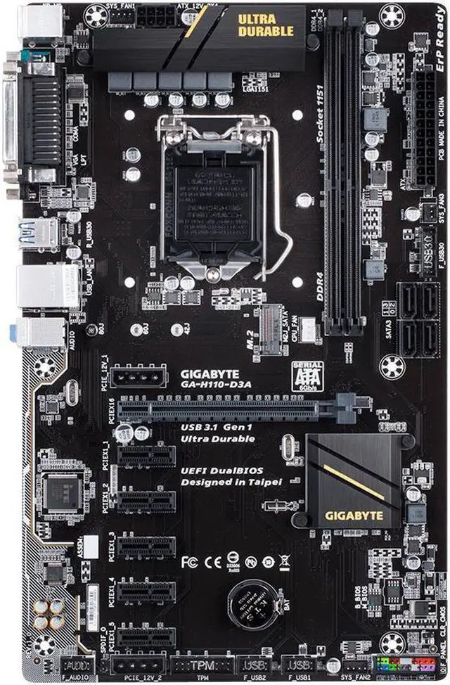 Alt view image 3 of 8 - GIGABYTE GA-H110-D3A (rev. 1.0) LGA 1151 Intel H110 SATA 6Gb/s USB 3.1 ATX Intel Motherboard for Cryptocurrency Mining (BTC)