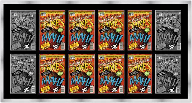 Main image of 12 Comic Book Frame Silver Collage Comic Book Frame with Black Mat to Display 12 Silver Age Comic Published Between 1956 and 1970 Comic Books with UV Acrylic, Backing & Hanging Hardware