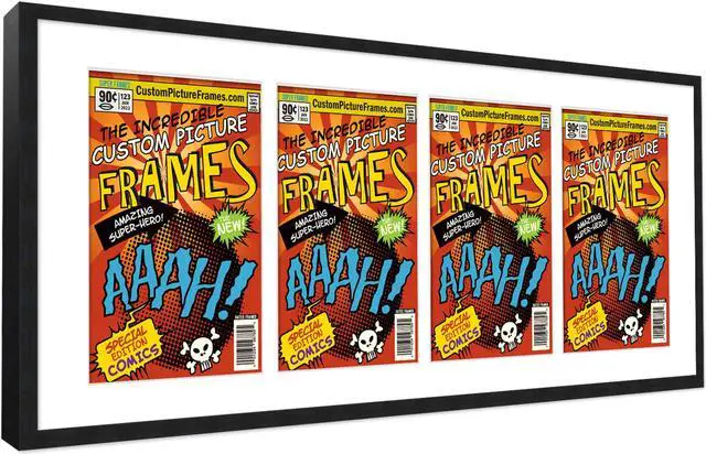 Alt view image 2 of 6 - Black Comic Book Frame with White Mat - 4 Openings to Display 4 7.75"x10.5" Golden Age Comic Published Between 1938 and 1956 Comic Books Horizontally - with UV Acrylic, Backing & Hardware