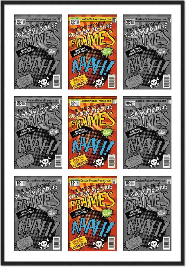 Main image of 9 Comic Book Frame Black Collage Comic Book Frame with White Mat to Display 9 Current Era Comic Published After 1985 Comic Books with UV Acrylic, Backing & Hanging Hardware