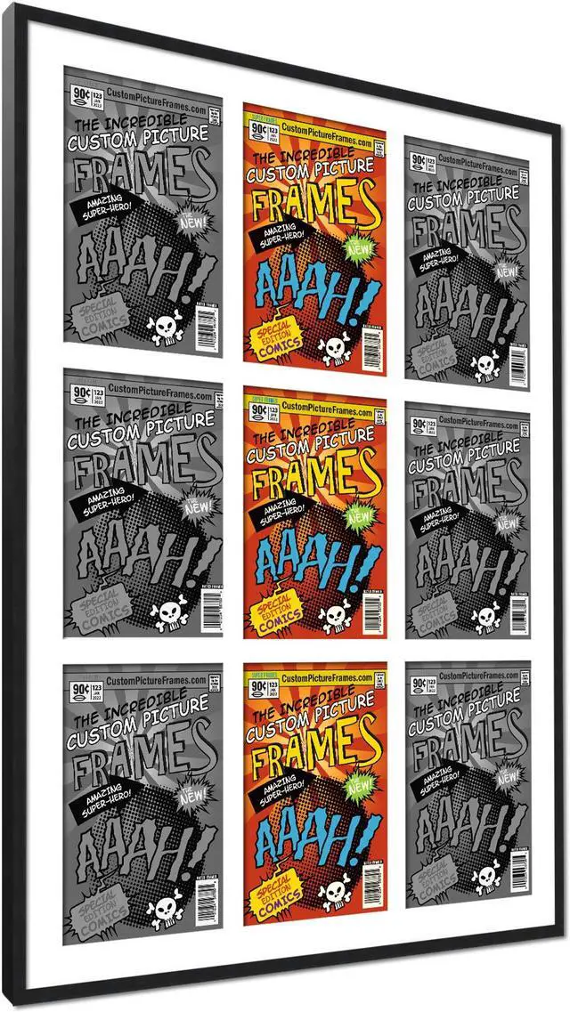 Alt view image 2 of 6 - 9 Comic Book Frame Black Collage Comic Book Frame with White Mat to Display 9 Current Era Comic Published After 1985 Comic Books with UV Acrylic, Backing & Hanging Hardware