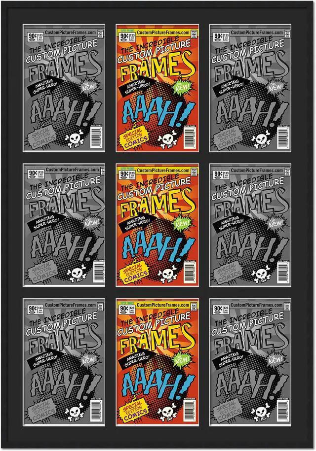 Main image of 9 Comic Book Frame Black Collage Comic Book Frame with Black Mat to Display 9 Silver Age Comic Published Between 1956 and 1970 Comic Books with UV Acrylic, Backing & Hanging Hardware