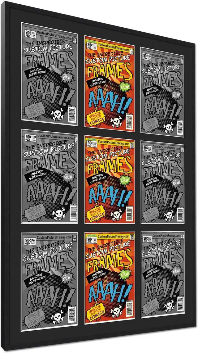 Alt view image 2 of 6 - 9 Comic Book Frame Black Collage Comic Book Frame with Black Mat to Display 9 Silver Age Comic Published Between 1956 and 1970 Comic Books with UV Acrylic, Backing & Hanging Hardware