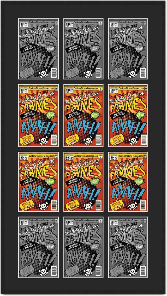 Main image of 12 Comic Book Frame Black Collage Comic Book Frame with Black Mat to Display 12 Golden Age Comic Published Between 1938 and 1956 Comic Books with UV Acrylic, Backing & Hanging Hardware