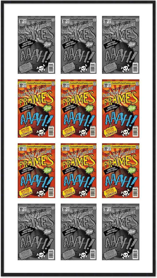 Main image of 12 Comic Book Frame Black Collage Comic Book Frame with White Mat to Display 12 Golden Age Comic Published Between 1938 and 1956 Comic Books with UV Acrylic, Backing & Hanging Hardware