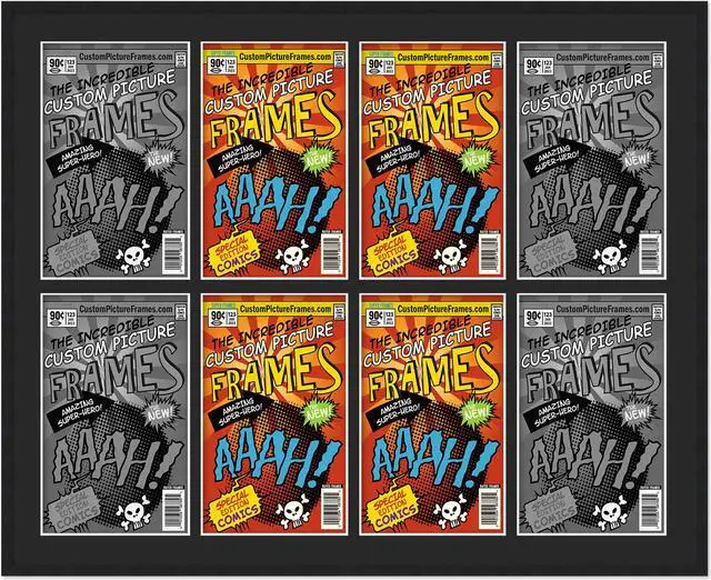 Main image of 8 Comic Book Frame Black Collage Comic Book Frame with Black Mat to Display 8 Silver Age Comic Published Between 1956 and 1970 Comic Books with UV Acrylic, Backing & Hanging Hardware