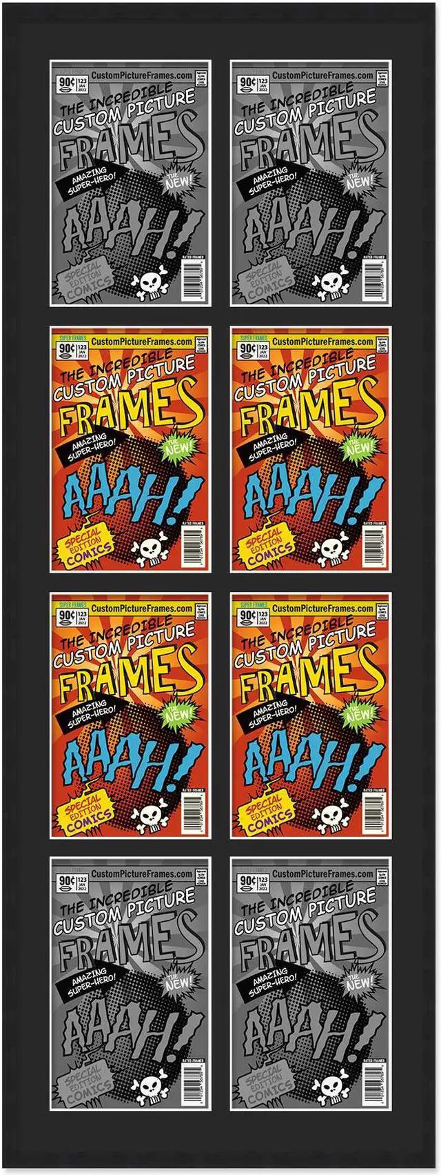 Main image of 8 Comic Book Frame Black Collage Comic Book Frame with Black Mat to Display 8 Current Era Comic Published After 1985 Comic Books with UV Acrylic, Backing & Hanging Hardware
