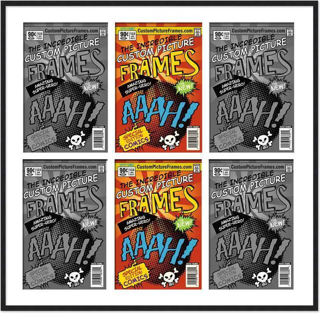 Main image of 6 Comic Book Frame Black Collage Comic Book Frame with White Mat to Display 6 Silver Age Comic Published Between 1956 and 1970 Comic Books with UV Acrylic, Backing & Hanging Hardware