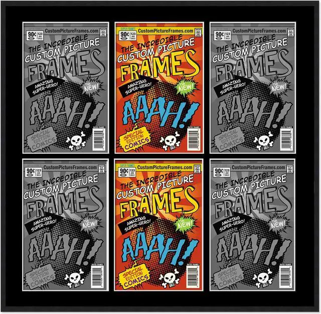 Main image of 6 Comic Book Frame Black Collage Comic Book Frame with Black Mat to Display 6 Silver Age Comic Published Between 1956 and 1970 Comic Books with UV Acrylic, Backing & Hanging Hardware
