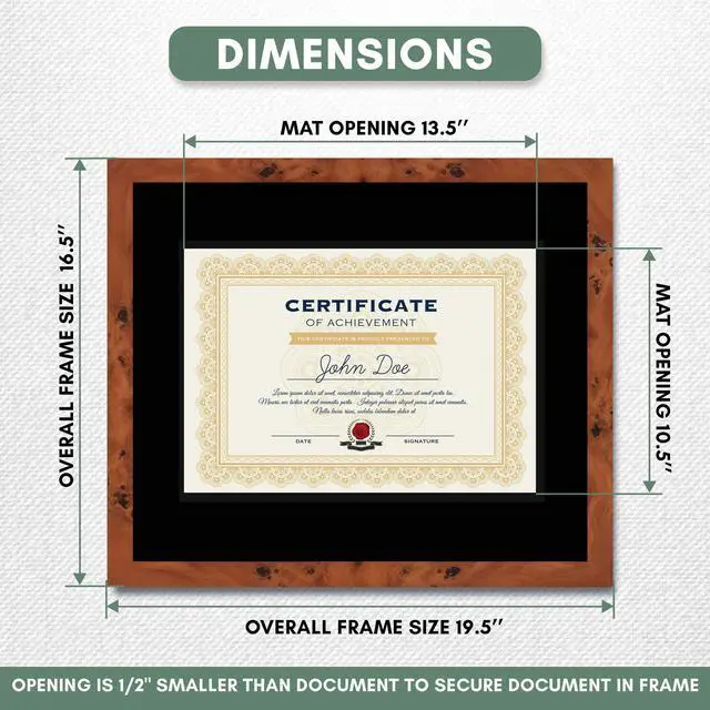 Alt view image 3 of 7 - 15x18 Brown Diploma Frame - Black on Black Double Mat - Displays 11x14 Diplomas with Mat or 15x18 Inch Without Mat - With Acrylic Front and Foam Board Backing