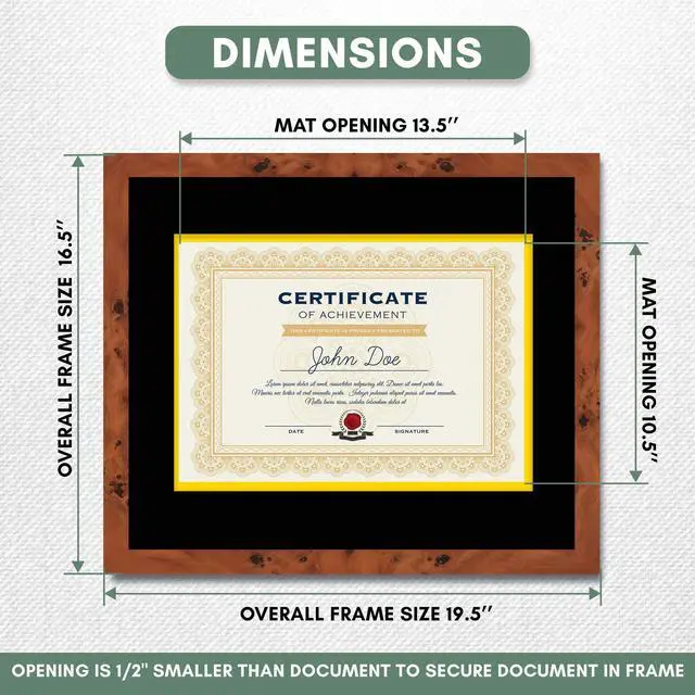 Alt view image 3 of 7 - 15x18 Brown Diploma Frame - Black on Gold Double Mat - Displays 11x14 Diplomas with Mat or 15x18 Inch Without Mat - With Acrylic Front and Foam Board Backing
