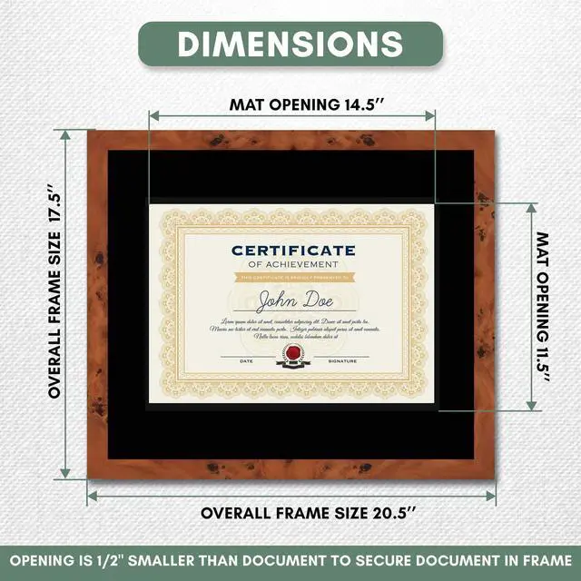 Alt view image 3 of 7 - 16x19 Brown Diploma Frame - Black on Black Double Mat - Displays 12x15 Diplomas with Mat or 16x19 Inch Without Mat - With Acrylic Front and Foam Board Backing