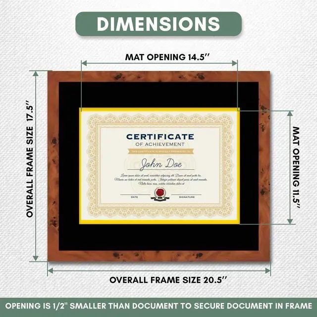 Alt view image 3 of 7 - 16x19 Brown Diploma Frame - Black on Gold Double Mat - Displays 12x15 Diplomas with Mat or 16x19 Inch Without Mat - With Acrylic Front and Foam Board Backing