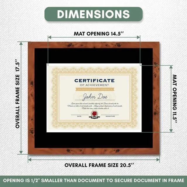 Alt view image 3 of 7 - 16x19 Brown Diploma Frame - Black on White Double Mat - Displays 12x15 Diplomas with Mat or 16x19 Inch Without Mat - With Acrylic Front and Foam Board Backing