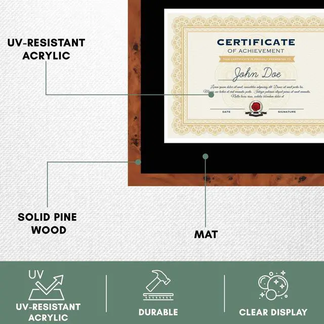 Alt view image 5 of 7 - 16x19 Brown Diploma Frame - Black on White Double Mat - Displays 12x15 Diplomas with Mat or 16x19 Inch Without Mat - With Acrylic Front and Foam Board Backing