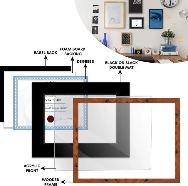 Alt view image 6 of 7 - 15x18 Brown Diploma Frame - Black on Black Double Mat - Displays 11x14 Diplomas with Mat or 15x18 Inch Without Mat - With Acrylic Front and Foam Board Backing