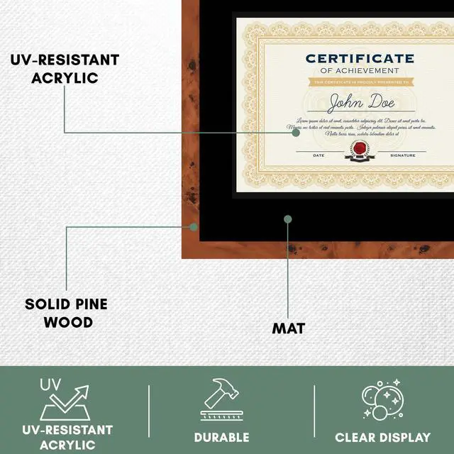 Alt view image 5 of 7 - 15x18 Brown Diploma Frame - Black on Black Double Mat - Displays 11x14 Diplomas with Mat or 15x18 Inch Without Mat - With Acrylic Front and Foam Board Backing