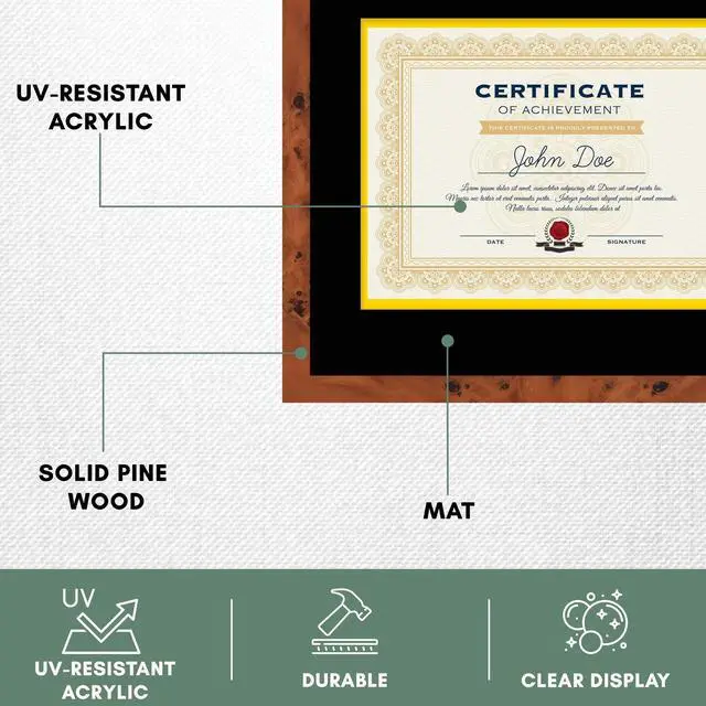 Alt view image 5 of 7 - 16x19 Brown Diploma Frame - Black on Gold Double Mat - Displays 12x15 Diplomas with Mat or 16x19 Inch Without Mat - With Acrylic Front and Foam Board Backing