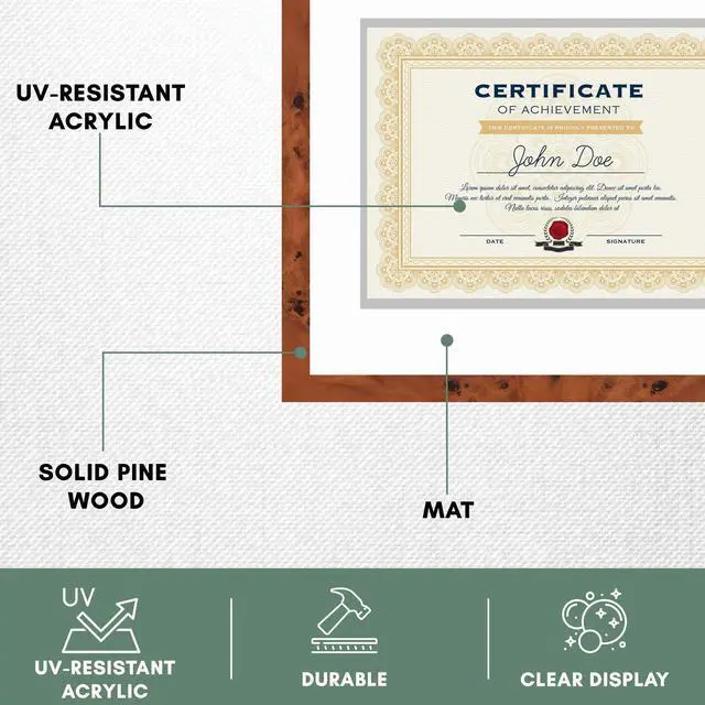Alt view image 5 of 7 - 15x18 Brown Diploma Frame - White on Silver Double Mat - Displays 11x14 Diplomas with Mat or 15x18 Inch Without Mat - With Acrylic Front and Foam Board Backing