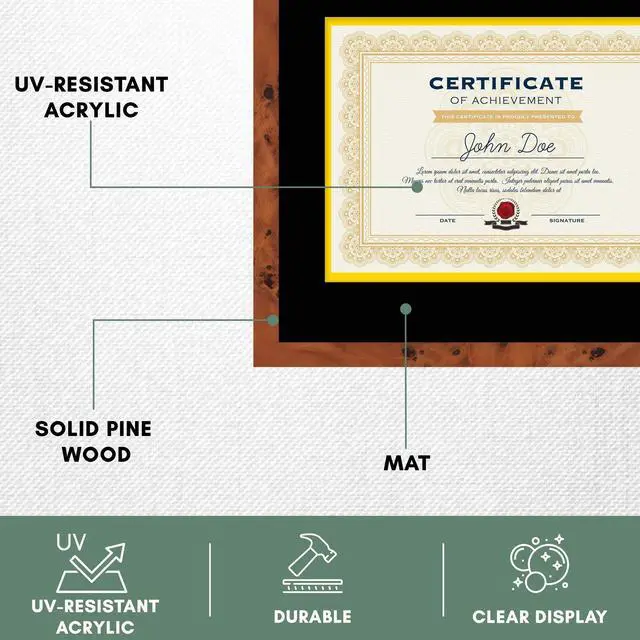 Alt view image 5 of 7 - 15x18 Brown Diploma Frame - Black on Gold Double Mat - Displays 11x14 Diplomas with Mat or 15x18 Inch Without Mat - With Acrylic Front and Foam Board Backing