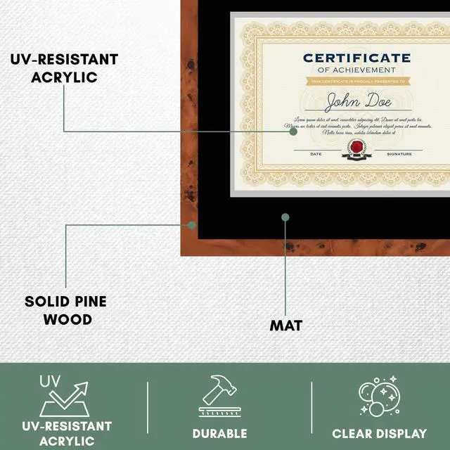 Alt view image 5 of 7 - 15x18 Brown Diploma Frame - Black on Silver Double Mat - Displays 11x14 Diplomas with Mat or 15x18 Inch Without Mat - With Acrylic Front and Foam Board Backing