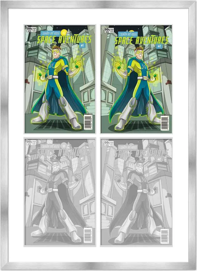 Main image of SIlver Comic Book Frame with White Mat - 4 Openingss to Display 4 7.75"x10.5" Golden Age Comic Published Between 1938 and 1956 Comic Books in a 2x2 Grid - with UV Acrylic, Backing & Hardware