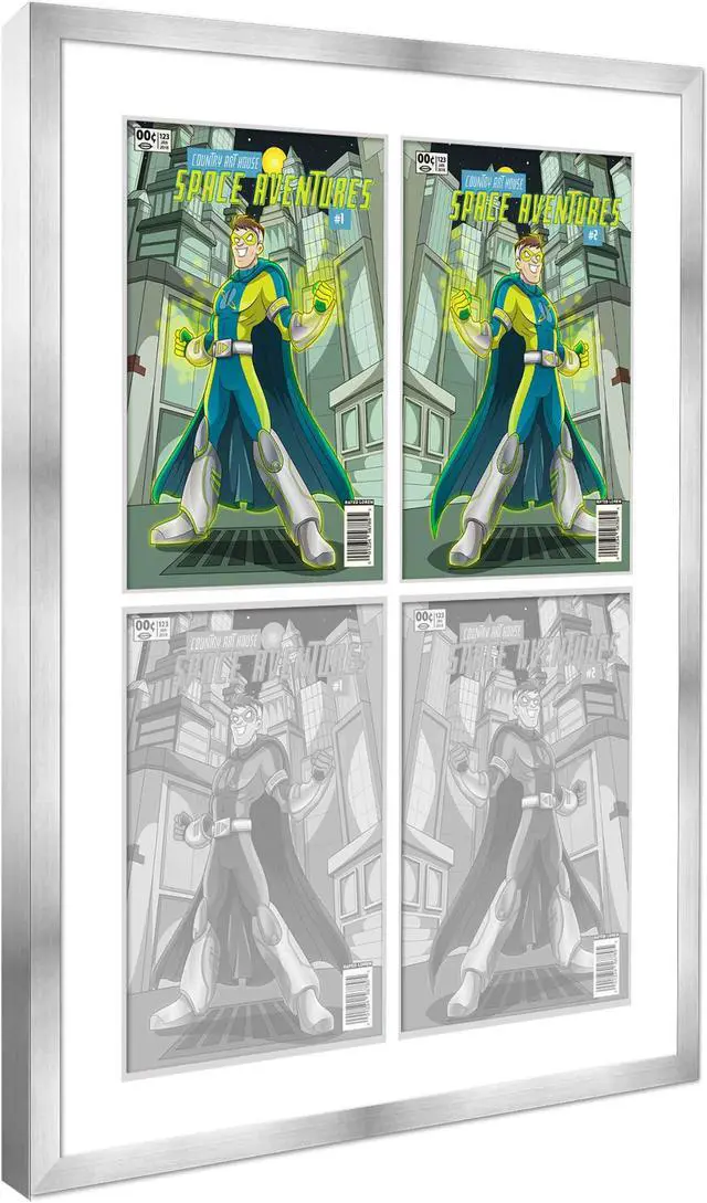 Alt view image 2 of 7 - SIlver Comic Book Frame with White Mat - 4 Openingss to Display 4 7.75"x10.5" Golden Age Comic Published Between 1938 and 1956 Comic Books in a 2x2 Grid - with UV Acrylic, Backing & Hardware