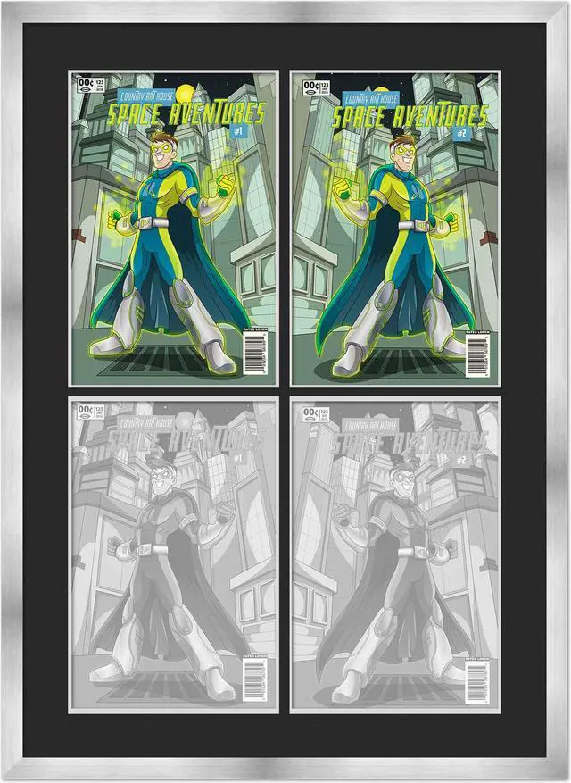 Main image of SIlver Comic Book Frame with Black Mat - 4 Openingss to Display 4 6.875"x10.5" Current Era Comic Published After 1985 Comic Books in a 2x2 Grid - with UV Acrylic, Backing & Hardware