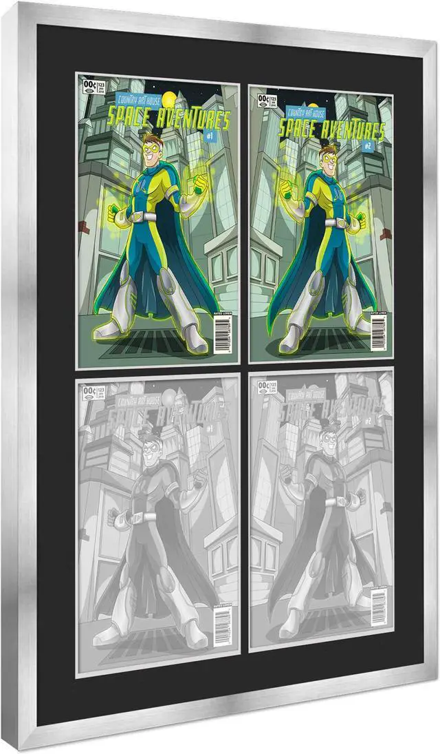 Alt view image 2 of 7 - SIlver Comic Book Frame with Black Mat - 4 Openingss to Display 4 6.875"x10.5" Current Era Comic Published After 1985 Comic Books in a 2x2 Grid - with UV Acrylic, Backing & Hardware