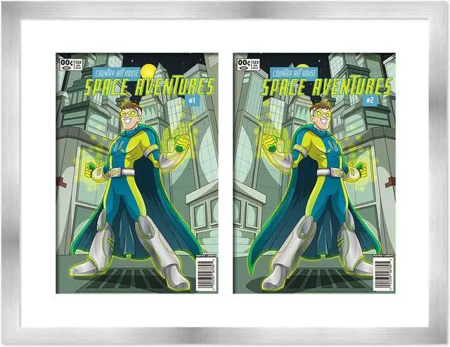Main image of Silver Comic Book Frame with White Mat - 2 Openings to Display 2 7.75"x10.5" Golden Age Comic Published Between 1938 and 1956 Comic Books - with UV Acrylic, Backing & Hardware