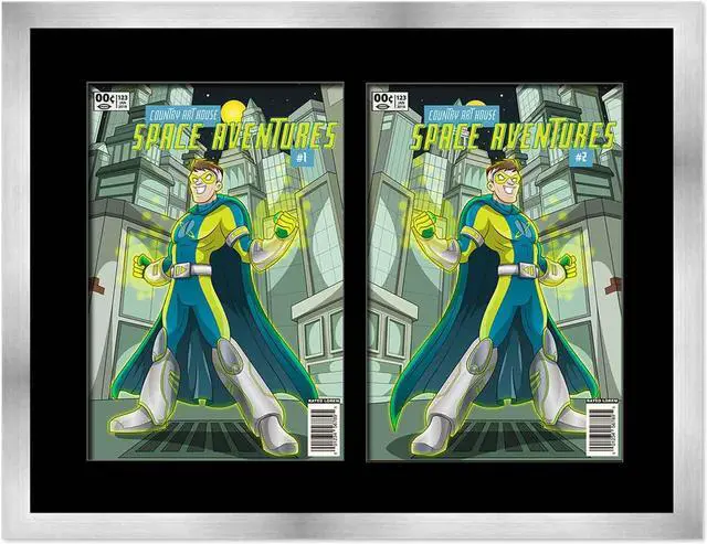 Main image of Silver Comic Book Frame with Black Mat - 2 Openings to Display 2 6.875"x10.5" Current Era Comic Published After 1985 Comic Books - with UV Acrylic, Backing & Hardware