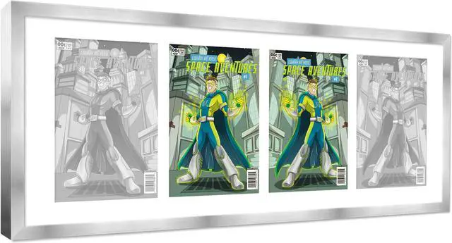 Alt view image 2 of 7 - SIlver Comic Book Frame with White Mat - 4 Openings to Display 4 7.75"x10.5" Golden Age Comic Published Between 1938 and 1956 Comic Books Horizontally - with UV Acrylic, Backing & Hardware