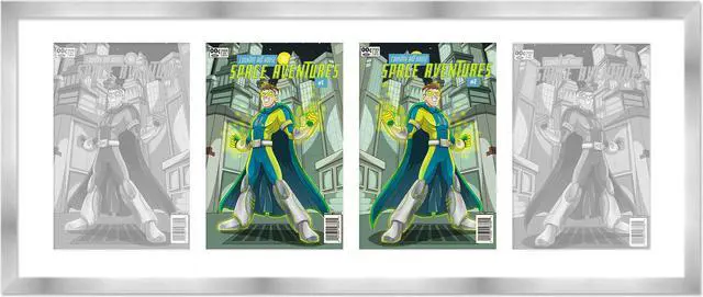 Main image of SIlver Comic Book Frame with White Mat - 4 Openings to Display 4 7.75"x10.5" Golden Age Comic Published Between 1938 and 1956 Comic Books Horizontally - with UV Acrylic, Backing & Hardware